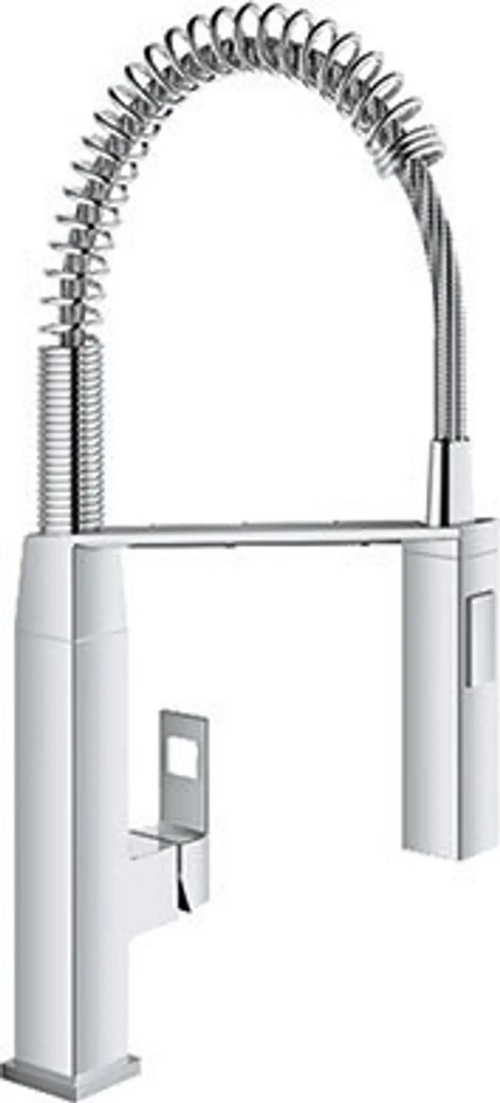 GROHE Wasserhahn mit flexibler Auslaufbrause, in chromfarbener Ausführung. Der Schlauch hat eine Spiralkonstruktion und ist mit einem Standfuß verbunden.