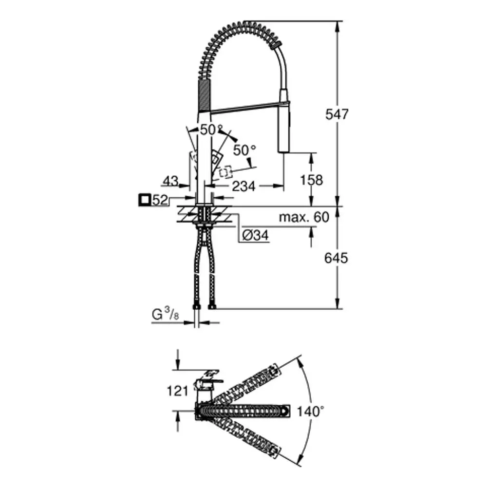 Grohe Spültischbatterie mit ausziehbarer Brause, grafische Darstellung mit Abmessungen und Montagehinweisen, angeordnet in schematischer Ansicht.