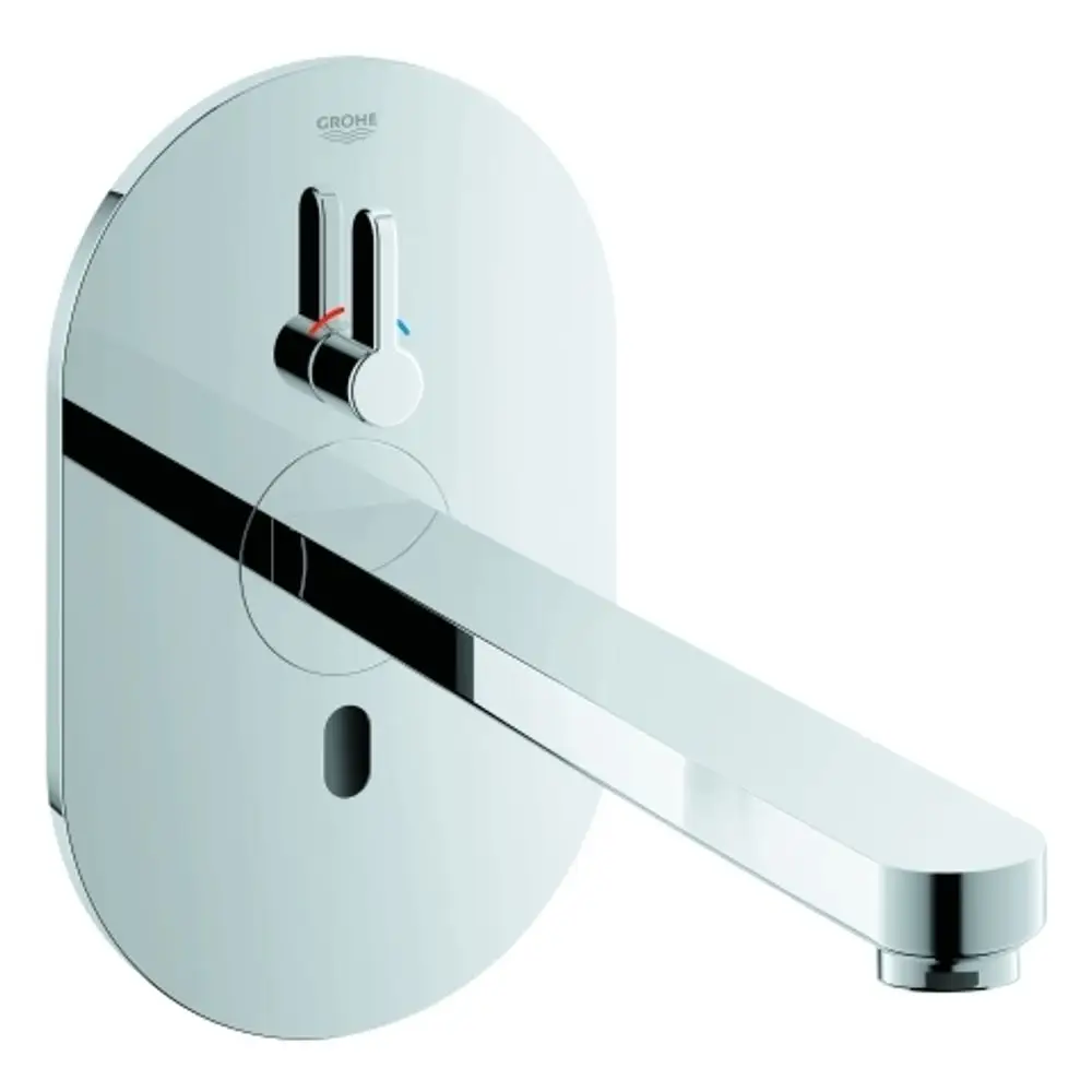 Grohe-Waschtischarmatur mit einem geraden Auslauf und zwei Hebeln zur Temperatureinstellung. Die Oberfläche ist verchromt und hat eine runde Wandplatte.