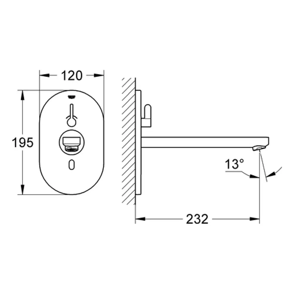 Technische Zeichnung einer Grohe-Elektronikarmatur mit ovalem Bedienfeld und seitlichem Auslauf in einem Wandmontage-Design, inklusive Maßangaben und Neigungswinkel.