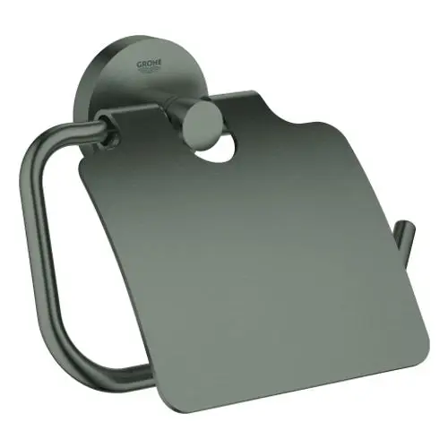 GROHE WC-Papierhalter mit Deckel in dunkler, gebürsteter Oberfläche, montiert an einer Wand. Der Halter hat eine halbrunde Form und eine elegante, schlichte Gestaltung.