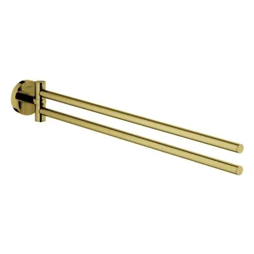 Zweiarmiger Handtuchhalter von Grohe in glänzendem Gold, an einer Wand montiert, mit runden Aufhängungen und geraden, parallel verlaufenden Stangen.