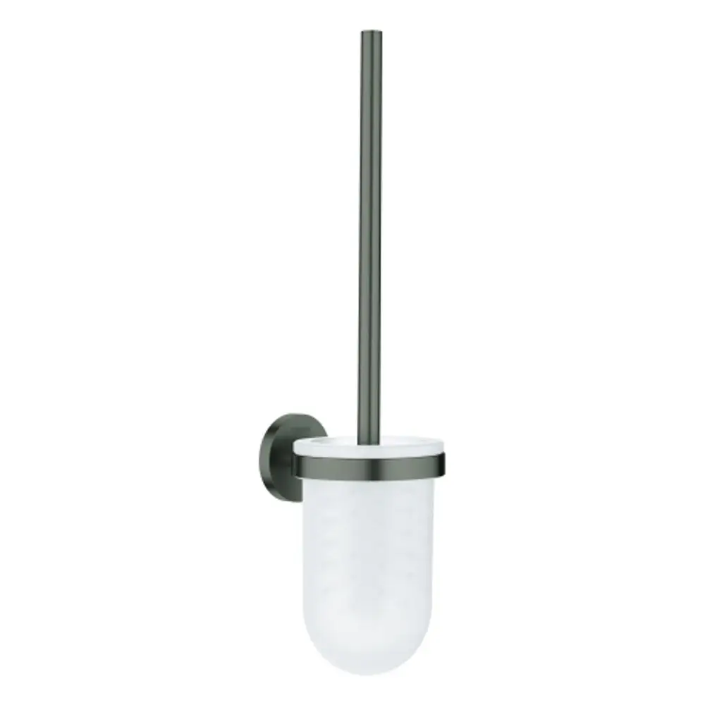 Wandmontierter Toilettenbürstenhalter von Grohe mit grauer Metalloberfläche und transparentem Bürstenbehälter. Minimalistisches Design für den Badezimmerbereich.