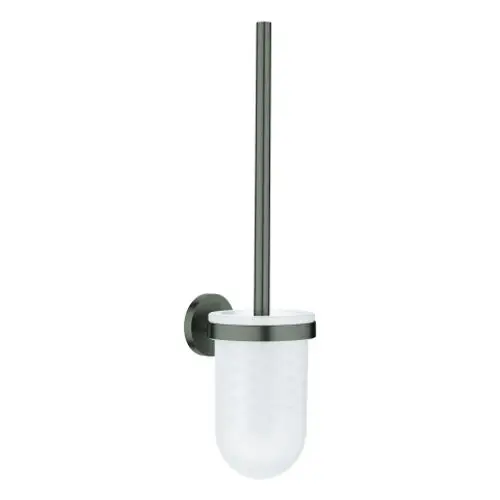 Wandmontierter Toilettenbürstenhalter von Grohe mit grauer Metalloberfläche und transparentem Bürstenbehälter. Minimalistisches Design für den Badezimmerbereich.