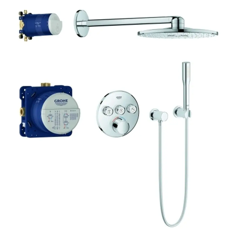 Duschsystem mit Thermostatmischer von Grohe. Enthält eine große Duschkopfarmatur, Handbrause, Steuerung und Wandmontageelement. Edelstahl-Oberflächen.