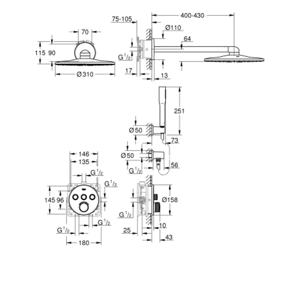 Grohe Duschsystem mit runder Handbrause und Mischhebel, inklusive Anschluss für Wasser, dargestellt mit Maßen und montagemöglichkeiten.