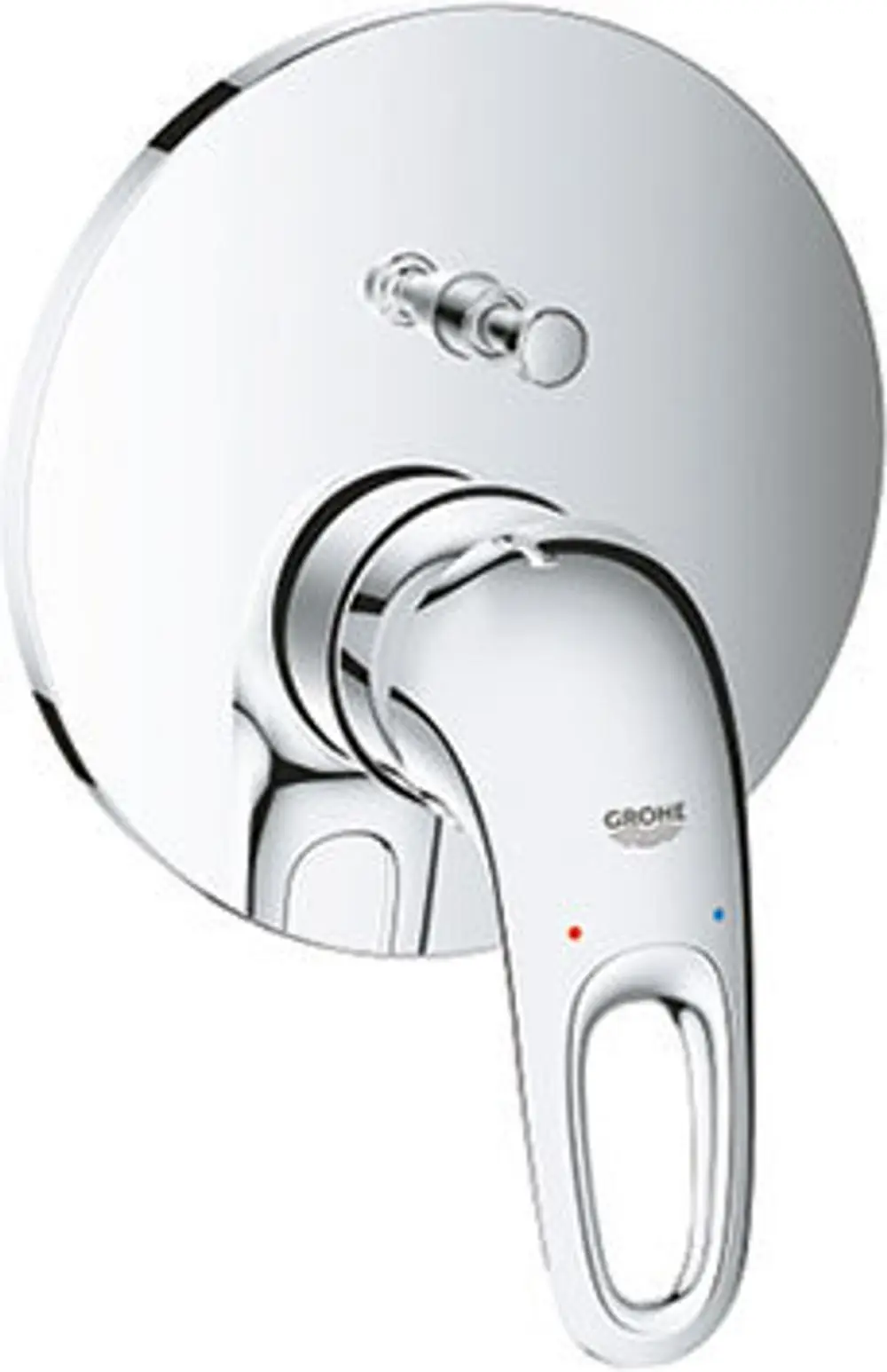 Chromfarbener Grohe-Wannenbatterie-Hebel mit zwei farbigen Markierungen für warmes und kaltes Wasser sowie einem runden Montageplatte.