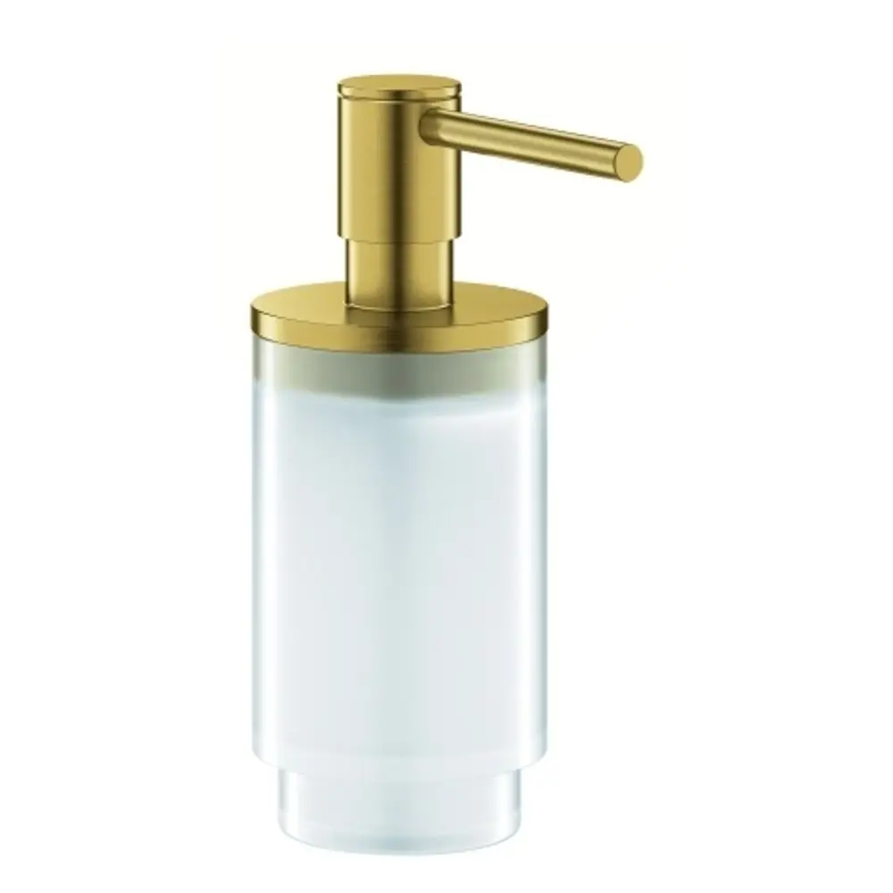 Seifenspender mit goldfarbener Pumpe und transparentem, mattem Behälter. Design von Grohe, geeignet für Montage mit passendem Halter.