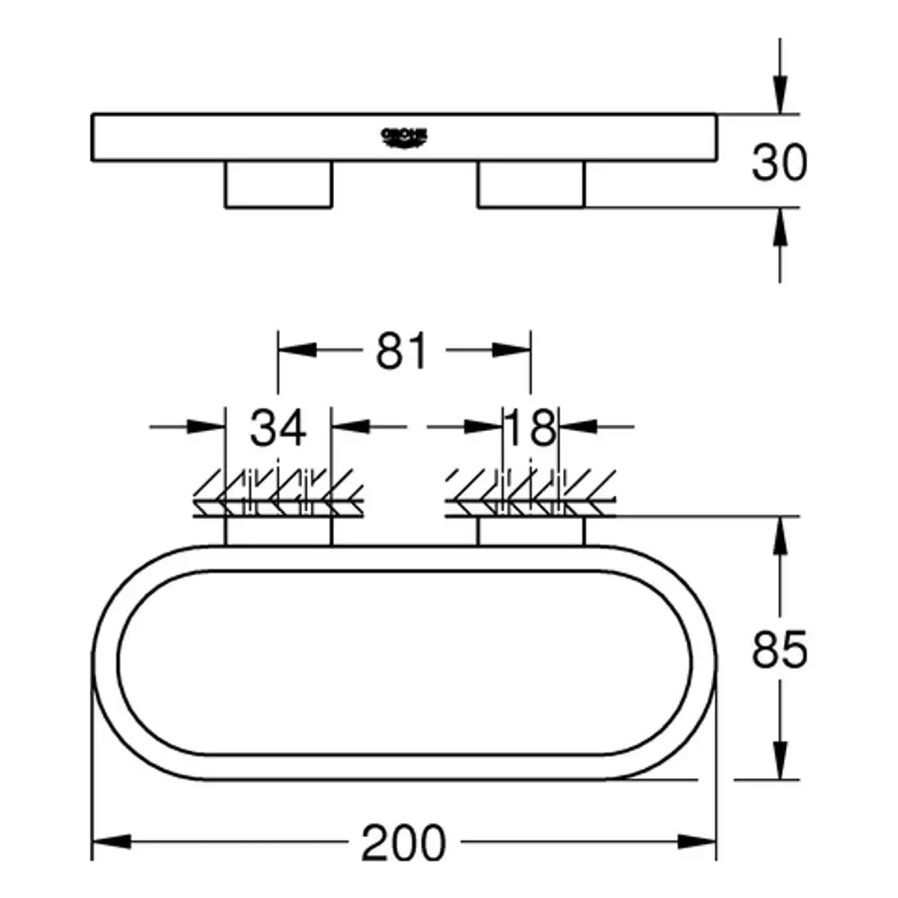 GROHE Handtuchhalter in ovaler Form mit zwei Befestigungselementen. Sichtbare Maße sind nicht angegeben. Design zeigt zwei kleine Halterungen zur Befestigung.