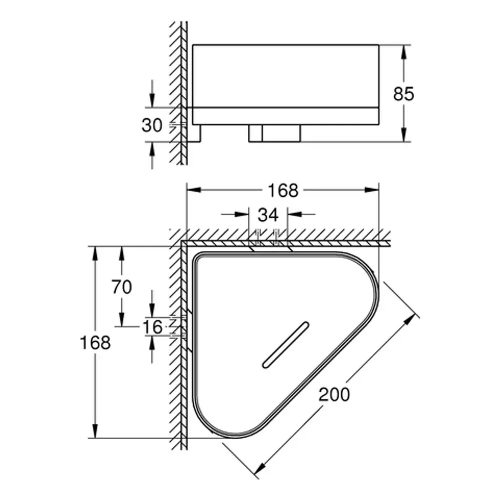 Grohe Eck-Duschablage mit Halterung, rechteckige Form, montiert an einer Wand. Sichtbare Maße und Kanten sind im technischen Zeichnungsstil dargestellt.