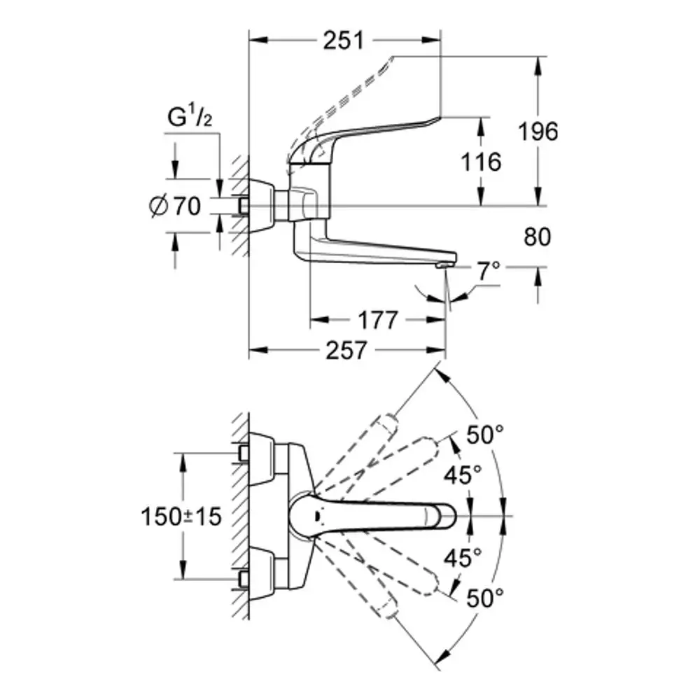Grohe Wandmontage mit einer Ausladung von 257 mm, zeigt die Konstruktion und Montagewinkel. Technische Zeichnung mit Maßangaben und Drehbereich.