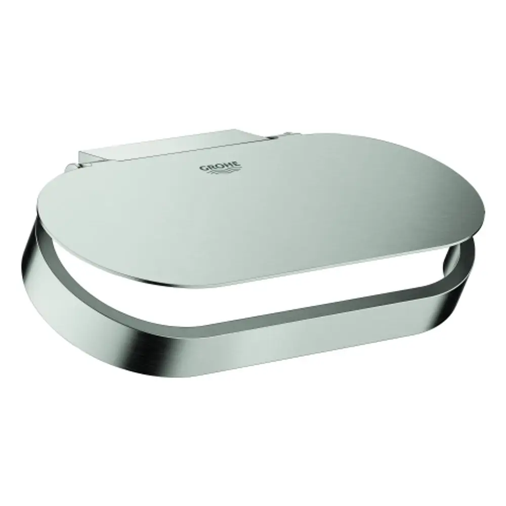 GROHE WC-Papierhalter mit Deckel in Edelstahloptik, mit einer ovalen Ablagefläche und einem geschwungenen Halter. Detailansicht des Produkts.