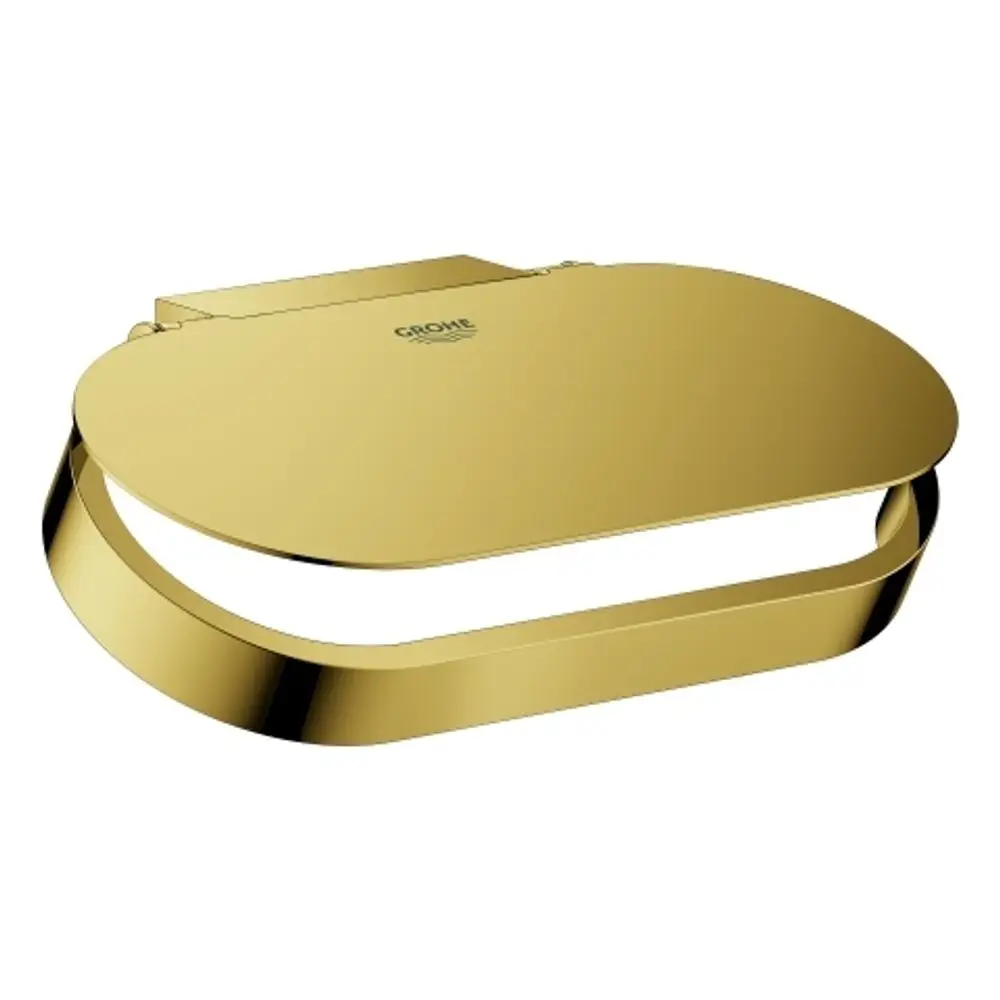 Goldfarbener WC-Papierhalter von Grohe mit klappbarem Deckel, ovaler Form und schmalem Haltebügel, montiert an einer Wand.