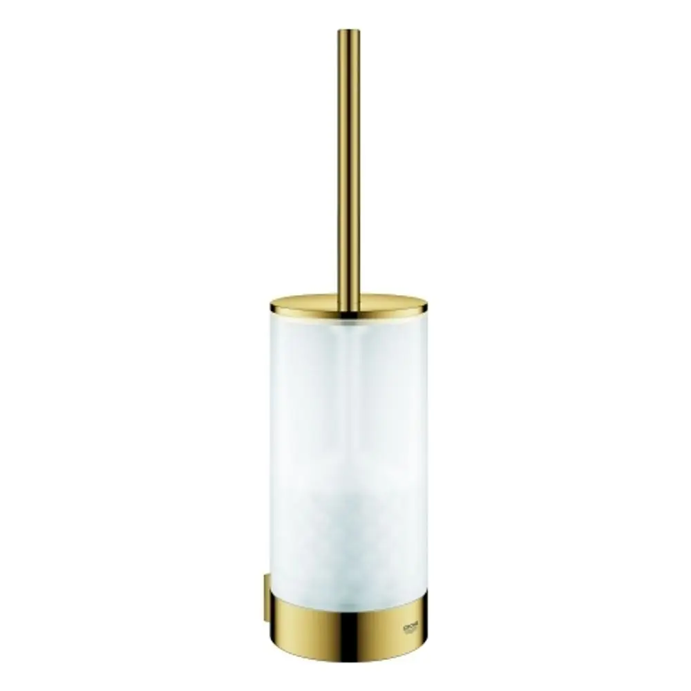 Glas WC-Bürstengarnitur mit goldenem Deckel und Halterung von Grohe, ausgestattet mit einem langen Bürstenstiel. Transparente Glasoberfläche.