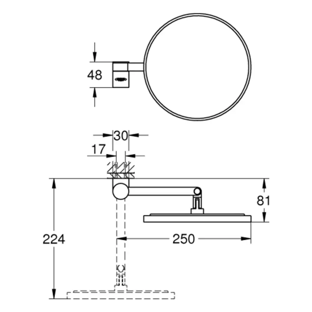 Kosmetikspiegel von Grohe mit einem runden Spiegelkopf, einem verstellbaren Arm und einer stabilen Basis, dargestellt in technischen Zeichnungen mit Maßangaben.