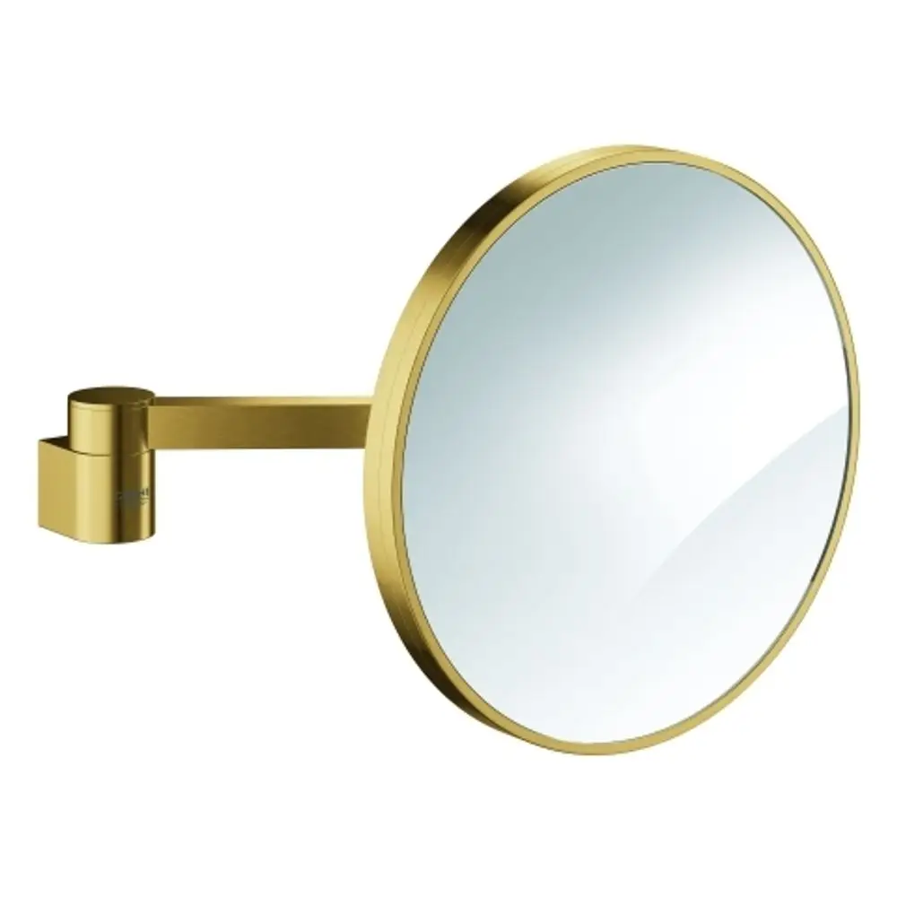 Runder Kosmetikspiegel von Grohe, montiert an einer Wandhalterung. Die Oberfläche ist gebürstet und reflektiert das Licht.