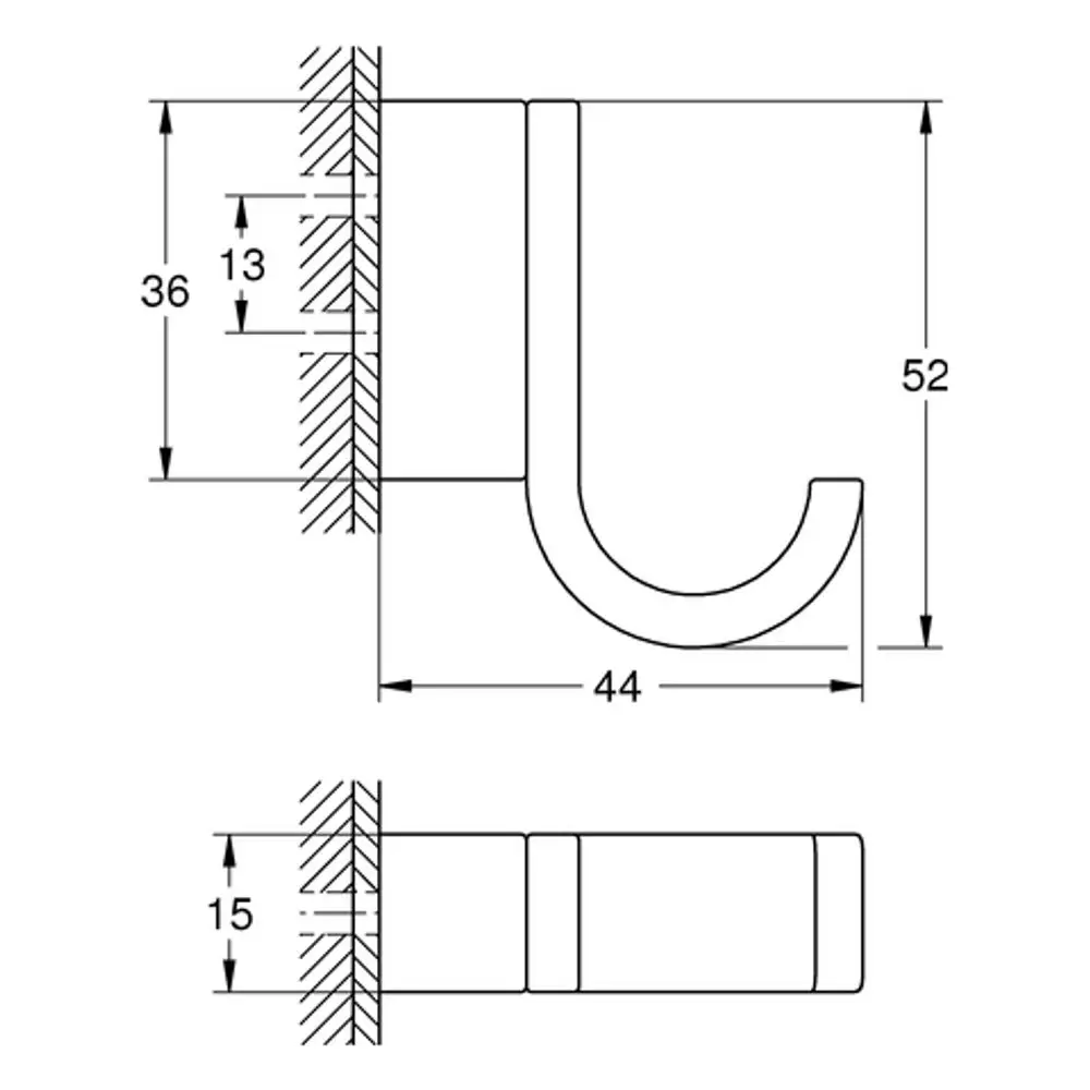 Grohe Bademantelhaken in der Farbe hard graphite, mit einem gebogenen Haken und klaren Linien, montiert in der Wand. Technische Zeichnung mit Abmessungen.