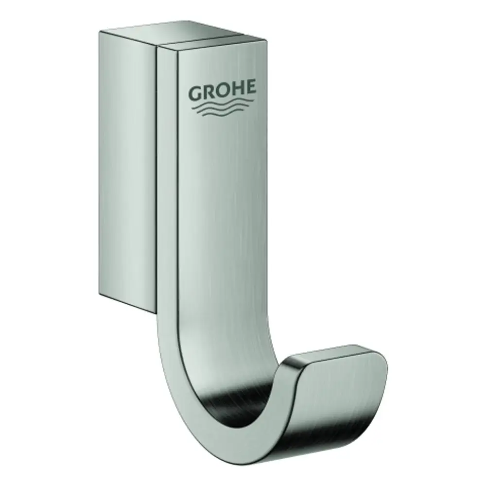 Futuristischer Haken aus Edelstahl mit klarer Linienführung, an der Oberseite das Logo der Marke Grohe. Geeignet zur Aufhängung von Bademänteln oder Handtüchern.