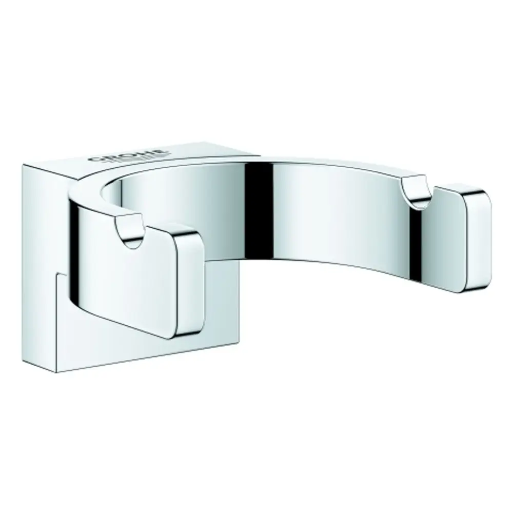 GROHE Bademantelhaken in chrom, mit doppelter Halterung. Das Produkt ist an einer quadratischen Wandbasis montiert und bietet eine funktionale Aufbewahrungslösung.