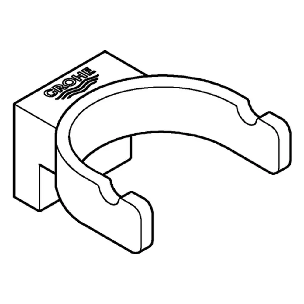 Doppelter Bademantelhaken aus Metall mit einer glänzenden Oberfläche, montiert auf einer quadratischen Wandplatte mit dem Logo von Grohe.