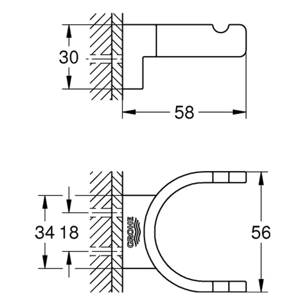 Doppelt montierbarer Bademantelhaken aus Metall mit chromierter Oberfläche, gezeigt von der Seite und der Frontansicht, mit sichtbaren Befestigungsmaßen und Markenlogo.