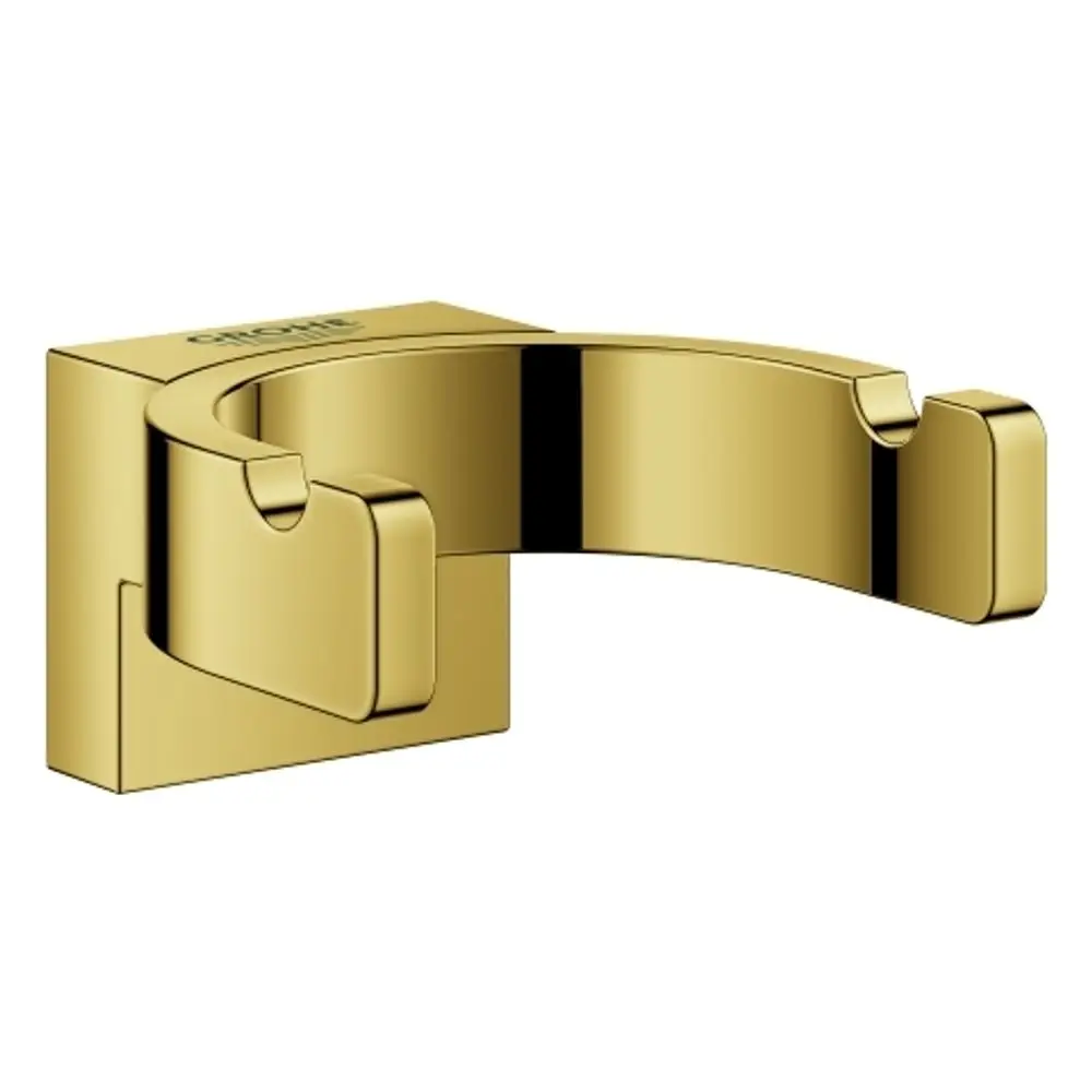 Doppelter Bademantelhaken in glänzendem Goldfinish von Grohe, an einer rechteckigen Wandhalterung montiert, ohne zusätzliche Dekoration oder Beschriftung.