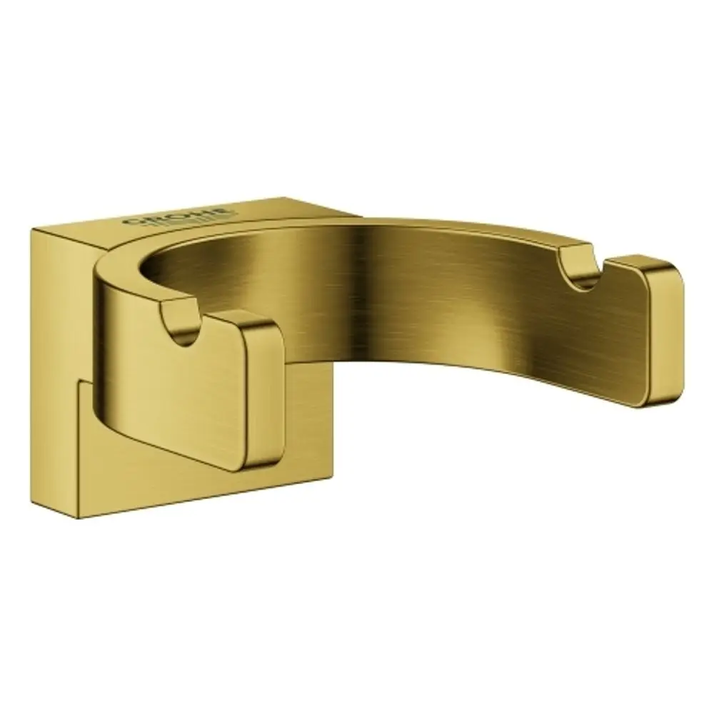 GROHE Bademantelhaken in goldener Optik, doppelt gestaltet, montiert an Wandplatte, geeignet zur Aufhängung von Bademänteln oder Handtüchern.