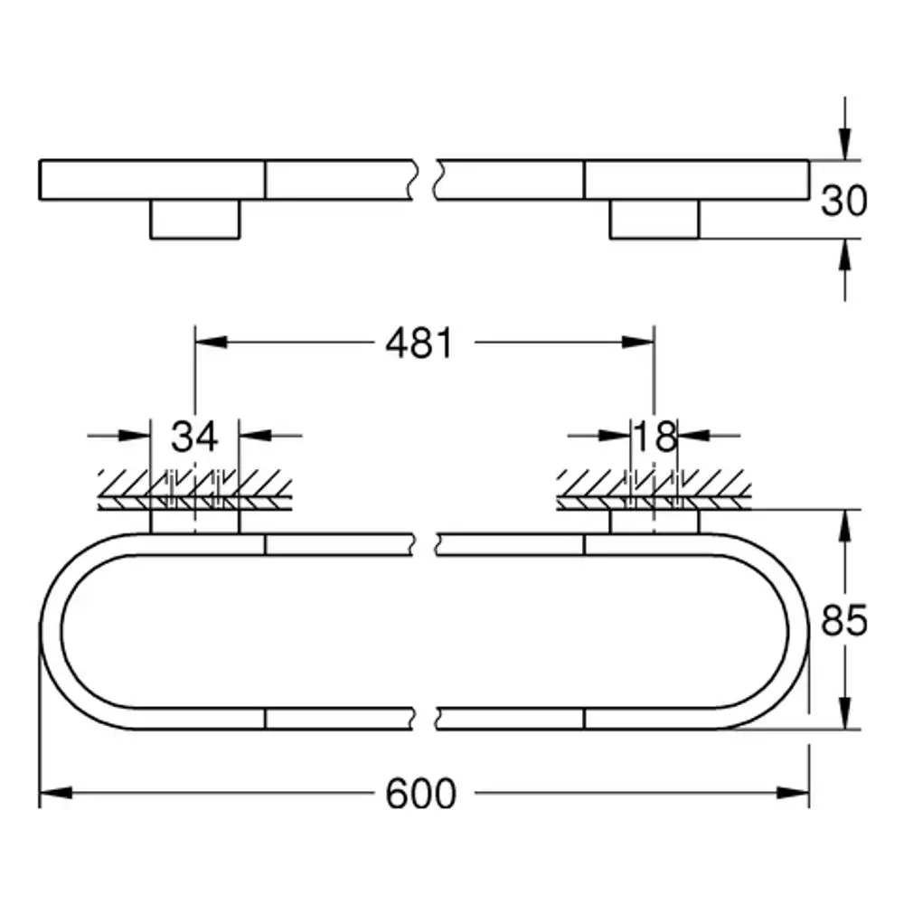 GROHE Badetuchhalter aus Metall mit einer gebogenen Form und zwei Aufhängungen. Die Montage erfolgt an der Wand. Klare Linienführung und funktionales Design.