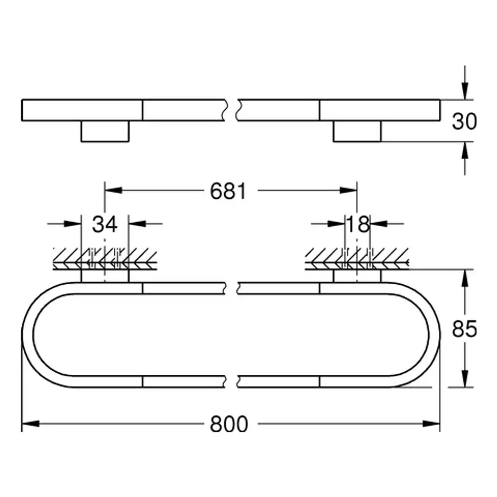 GROHE Badetuchhalter in ovaler Form, mit Anschlussdetails und spezifischen Maßen, montiert an einer Wand, in neutraler Farbausführung.