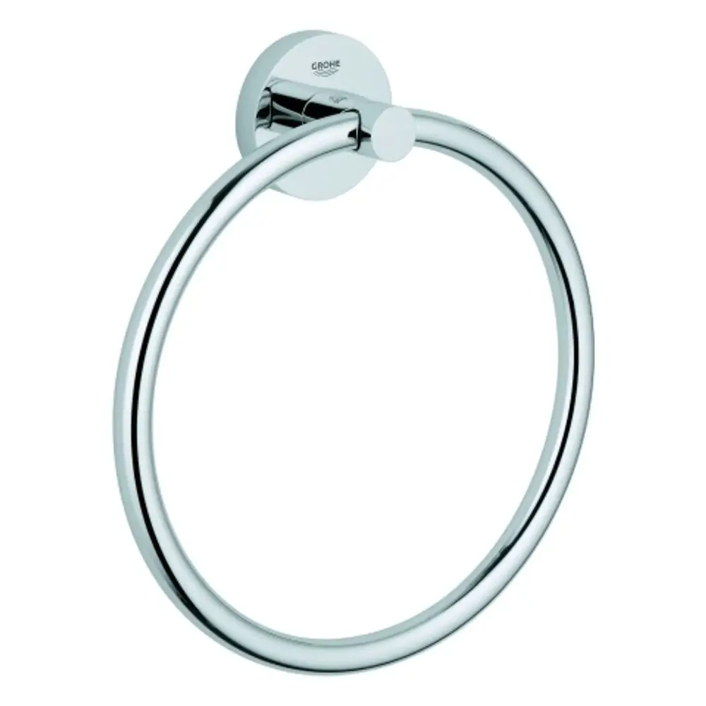 Handtuchring von Grohe in kreisförmigem Design, aus Metall mit glänzender chromfarbener Oberfläche, montiert an einer runden Wandplatte.