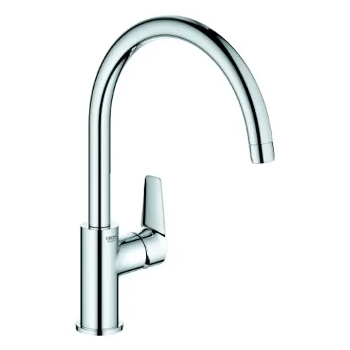 Einfache chromfarbene Mischbatterie mit einem hohen Auslauf und einem einseitigen Hebel, gefertigt von Grohe.