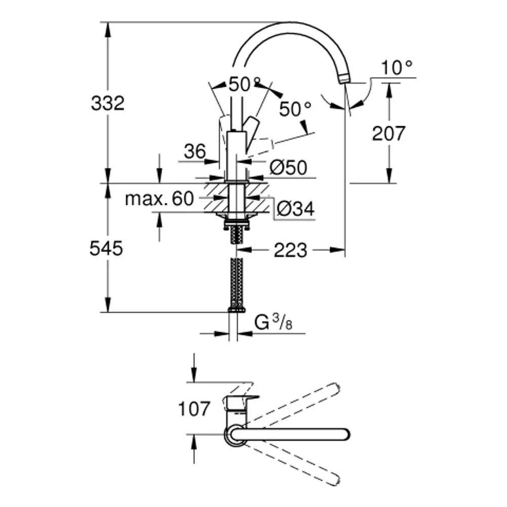GROHE Mischbatterie mit hohem Auslauf und einem beweglichen Griff. Die Zeichnung zeigt Maßangaben und Anschlussdetails für die Installation.