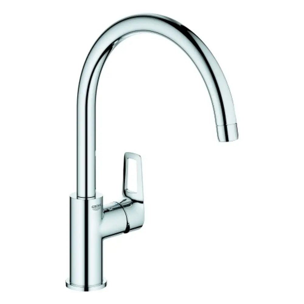Einhand-Spültischbatterie mit hohem Auslauf von Grohe, in chromfarbenem Finish, ausgestattet mit einem Hebel zur Steuerung von Wasserfluss und Temperatur.