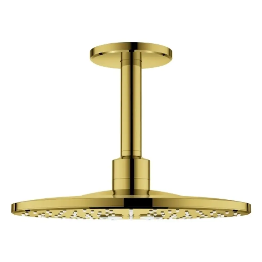 Duschkopf mit runder, flacher Form in Gold, montiert an einer vertikalen Halterung. Design von Grohe, geeignet für eine Deckenmontage in Badezimmern.