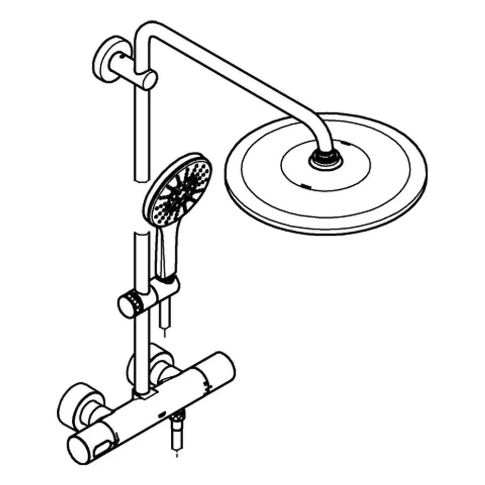 Grohe Duschsystem mit Kopf- und Handbrause, einschließlich Thermostat und Wandhalterungen. Einheit in einfacher, funktionaler Anordnung.