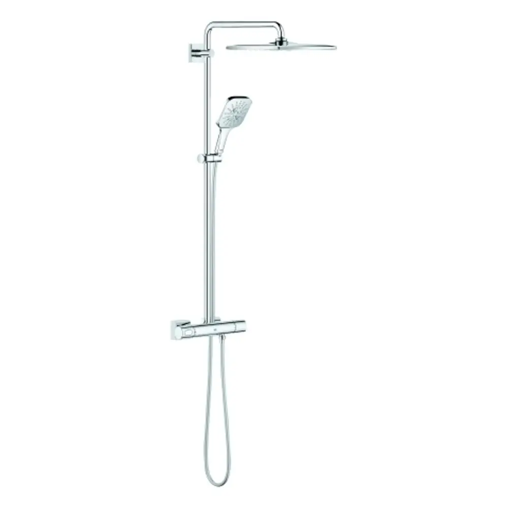 Grohe Duschsystem mit einer großen, runden Kopfbrause und einer Handbrause. Der Körper ist aus verchromtem Material und verfügt über eine moderne Mischbatterie.