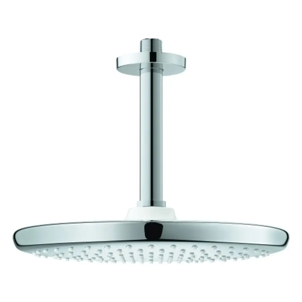 Hängende Kopfbrause aus verchromtem Material mit einem runden Kopf und mehreren Düsen. Geeignet für die Montage an der Decke. Grohe-Design.