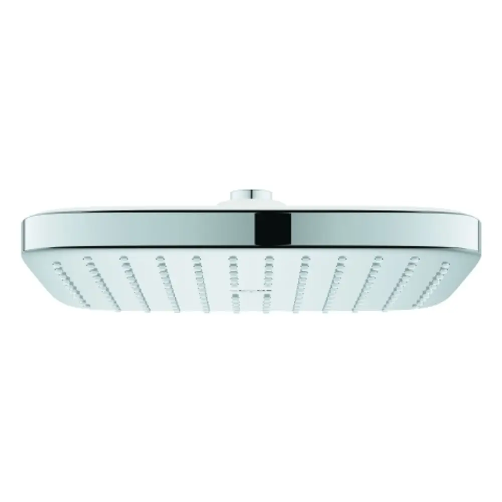 Kopfbrause mit flachem Design und integrierten Düsen. Chromoberfläche, geeignet für die Montage in Duschen. Grohe-Produkt für gleichmäßigen Wasserstrahl.