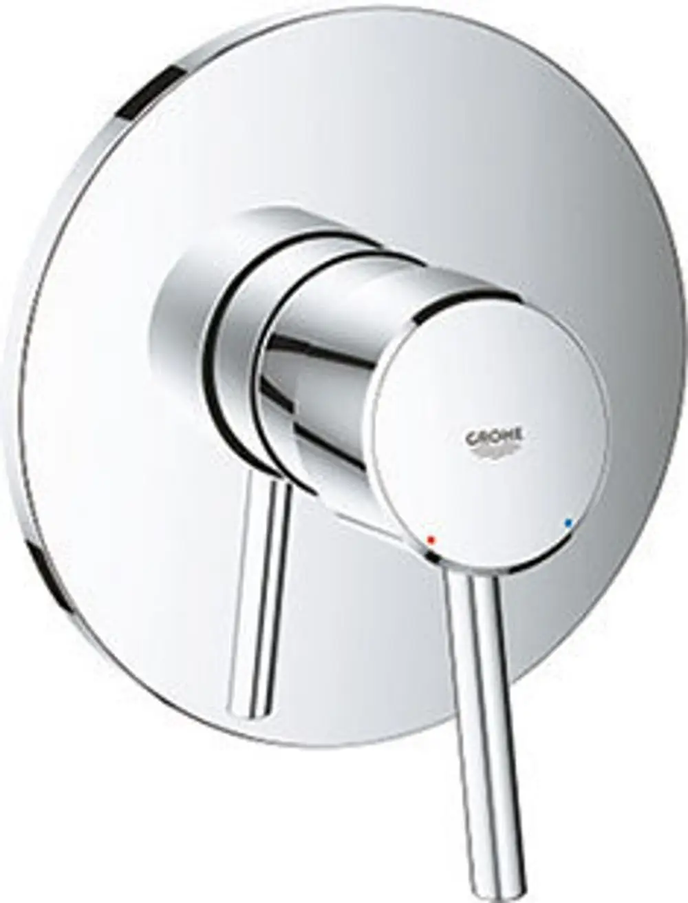 Brausebatterie von Grohe mit zwei Bedienelementen und runder Wandplatte in Chromoptik, zur Montage an der Wand.