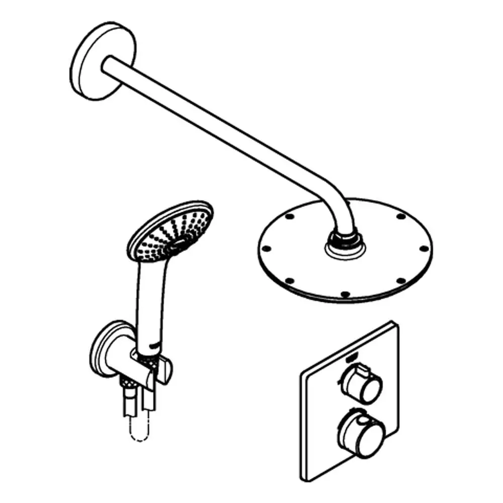 Duschsystem von Grohe mit Wandarm, Kopfbrause und Steuerungselementen für die Wassertemperatur und -menge an einer Wand montiert.