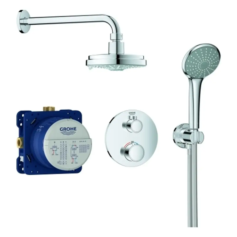 GROHE Duschsystem mit runder Kopfbrause, Handbrause, Wandhalterung und Temperaturregler. Installationsmodul in blauer Farbe, verschiedene Einstellungen für Wassertemperatur.