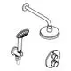 Duschsystem von Grohe mit einem runden Kopf und einem Handbrause-Set, bestehend aus einem Duschkopf, einem Handbrausehalter und einer Steuerungseinheit zur Temperaturanpassung.