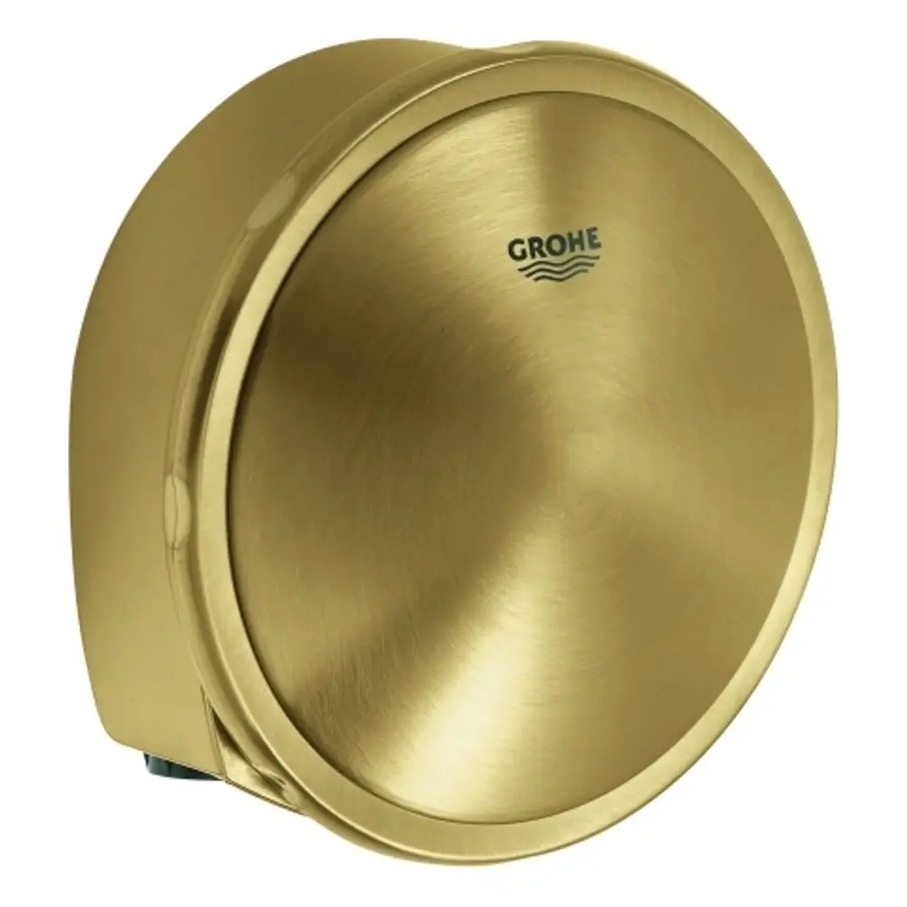 Runder Wannenfüller mit Überlauf in gebürstetem Gold-Finish. Das Produkt trägt das Grohe-Logo und ist für Badewanneninstallationen konzipiert.