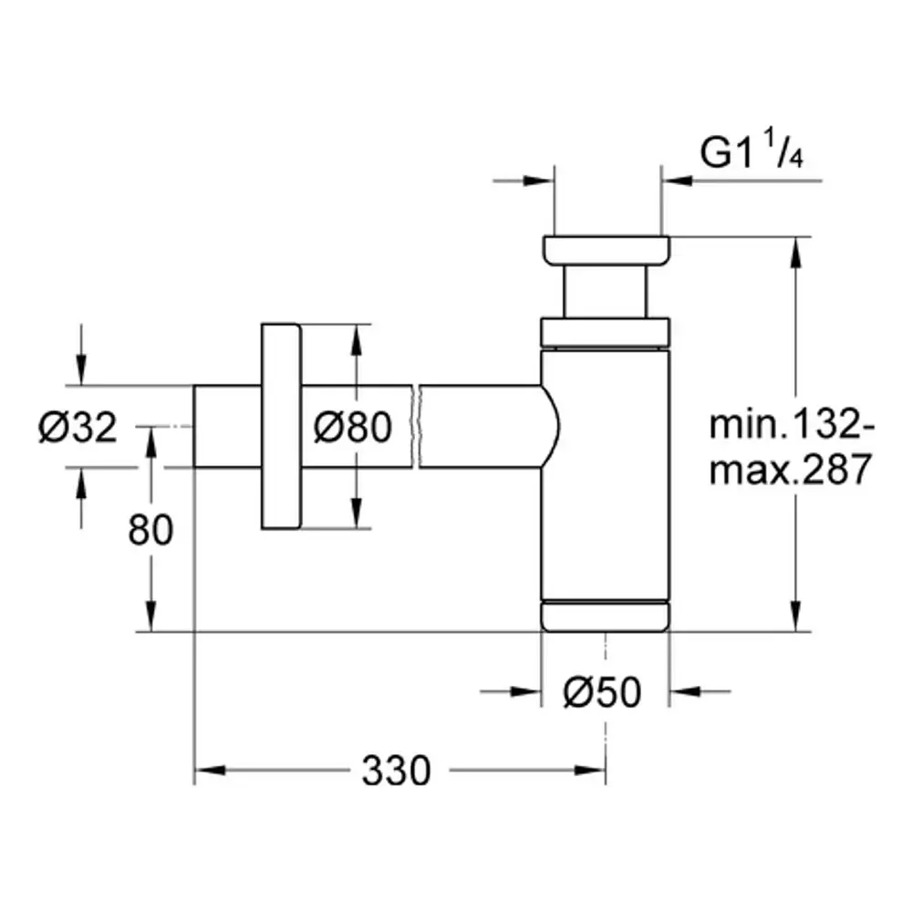 GROHE Geruchverschluss mit verschiedenen Anschlüssen und Abmessungen, dargestellt in einer technischen Zeichnung.