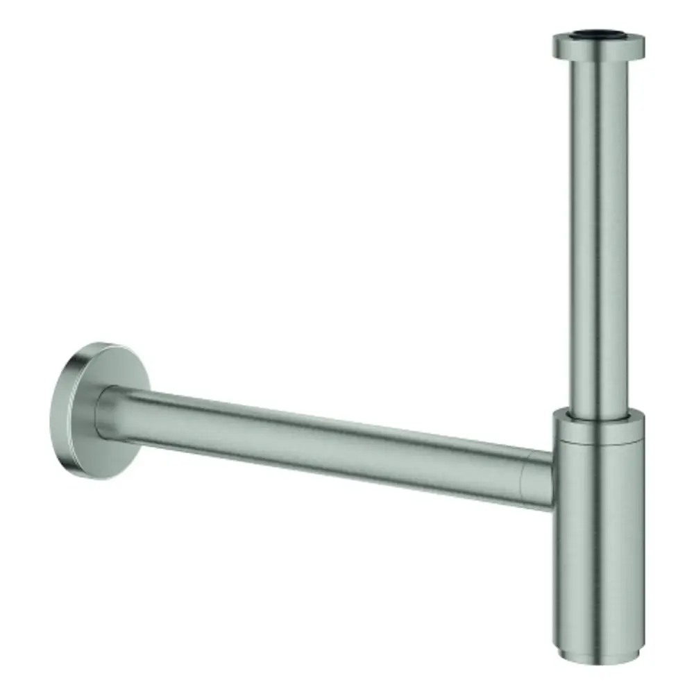 Geruchsverschluss aus Metall mit vertikaler und horizontaler Rohrführung, designed für Waschtische, in der Oberfläche Supersteel, von der Marke Grohe.