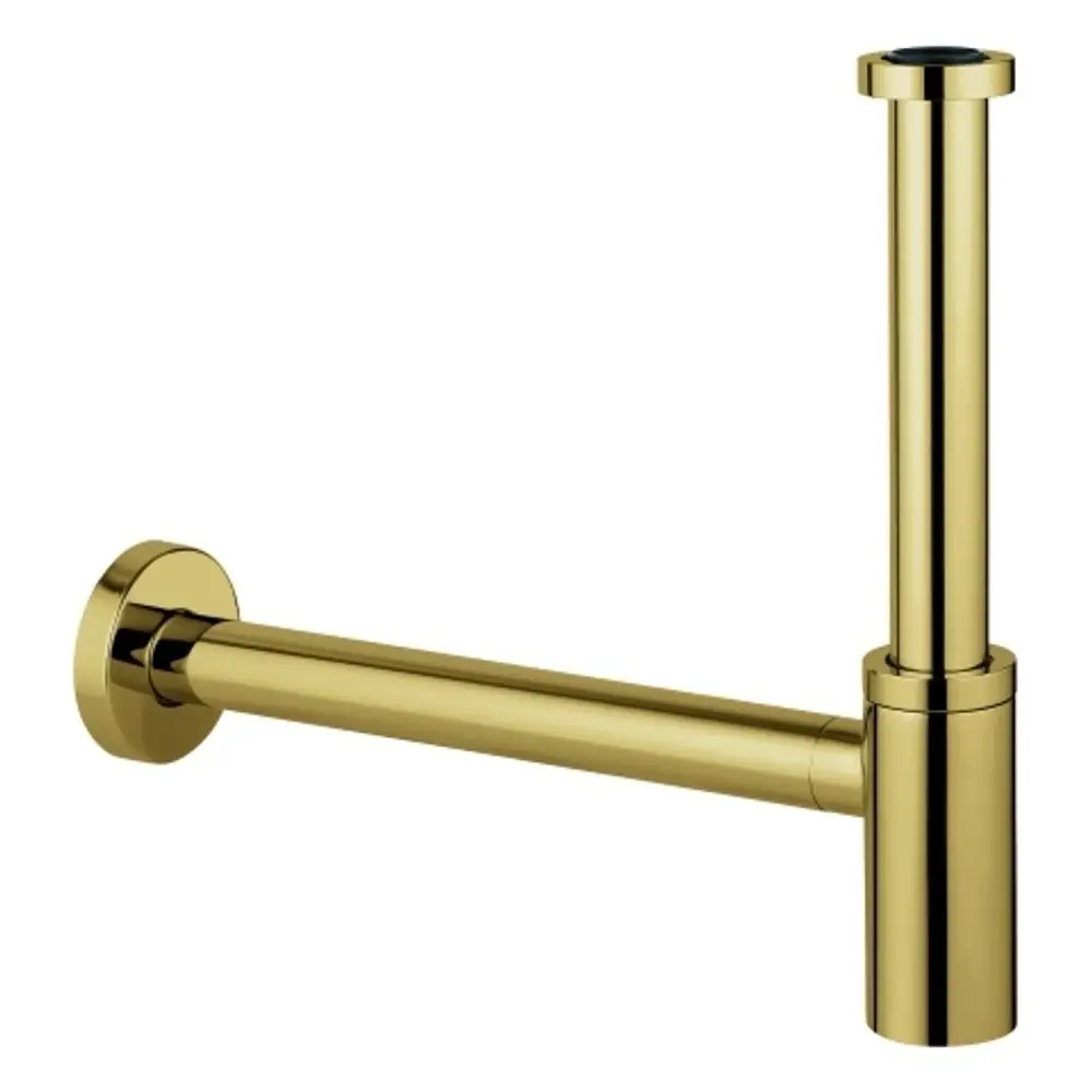 Goldfarbener Geruchverschluss mit zwei Rohren und einer Wandmontageplatte. Der Auslass ist zylindrisch und erinnert an das Design von Grohe.