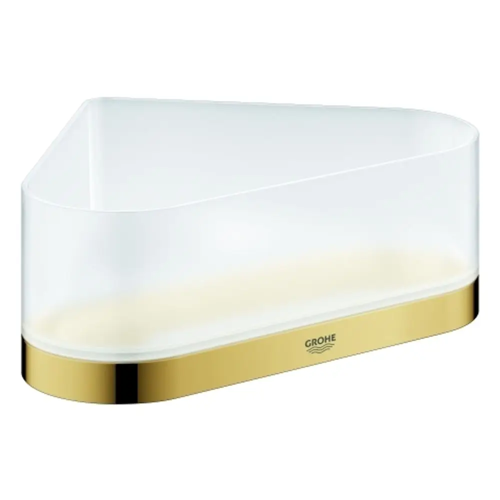 Weiße Eck-Duschablage mit halbrunder Form und goldfarbenem Sockel. Das Produkt ist von Grohe und hat eine glatte, transparente Oberfläche.