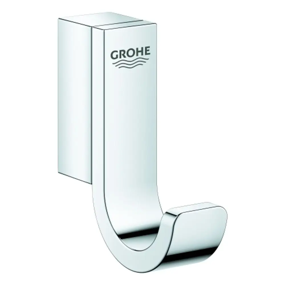 Chromfarbener Haken zur Wandmontage von Grohe mit einer einfachen, geschwungenen Form, geeignet zum Aufhängen von Bademänteln oder Handtüchern.