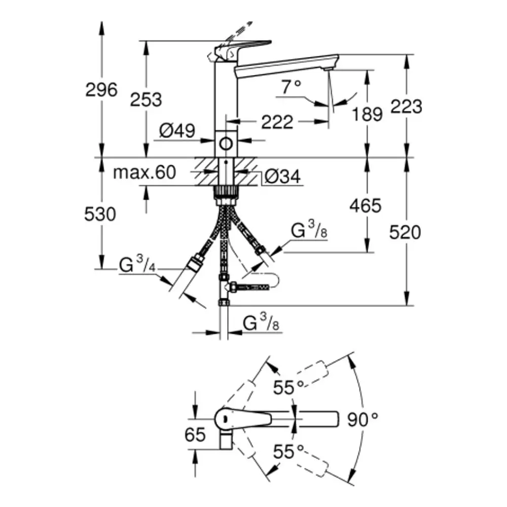 Technische Zeichnung einer GROHE Armatur mit Maßangaben, inklusive Auslässe und beweglichen Teilen, dargestellt in verschiedenen Ansichten.