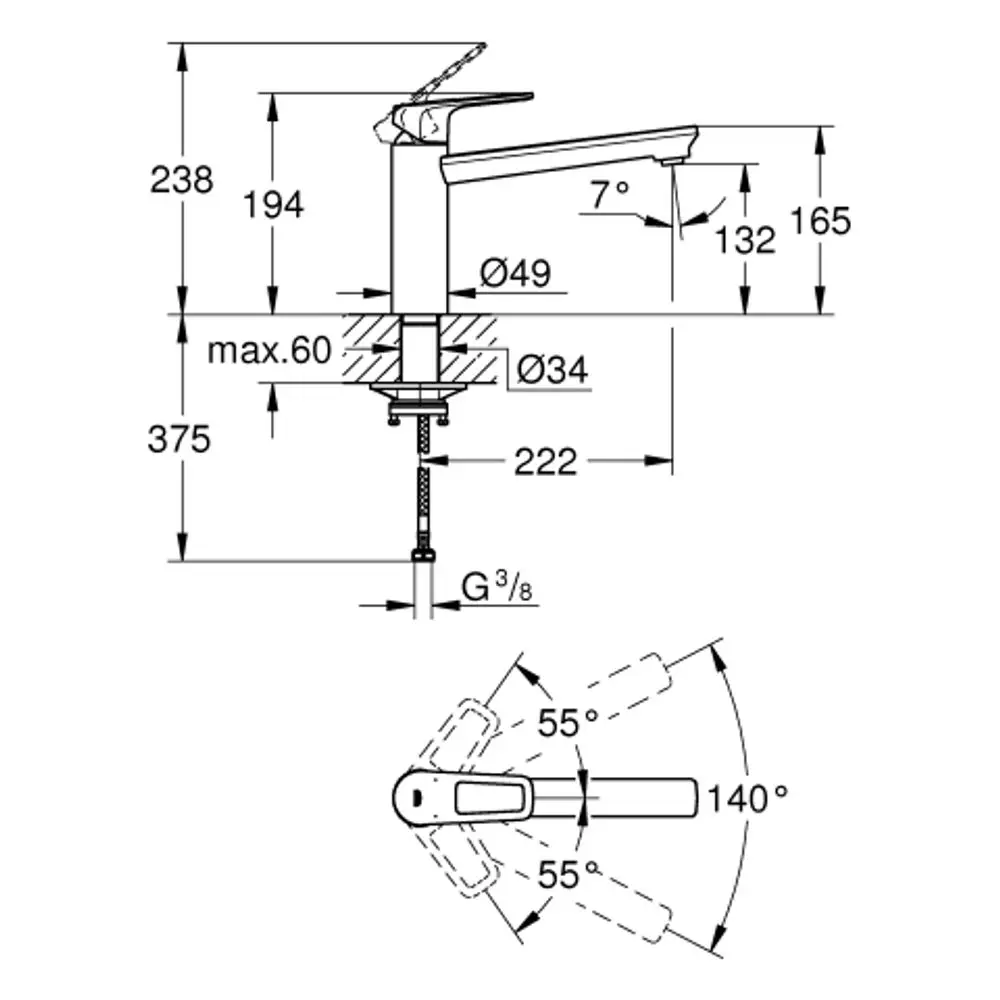 Technische Zeichnung einer Grohe-Armatur mit mittelhohem Auslauf. Maße und Drehwinkel sind dargestellt. Detailansicht des Montagebereichs inklusive Anschluss.